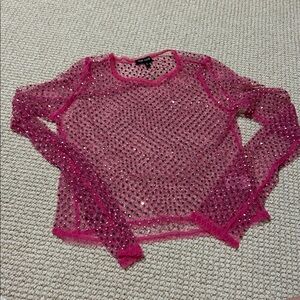 Top Chi Rhinestone Covered Pink Mesh Ling Sleeve Top Medium New